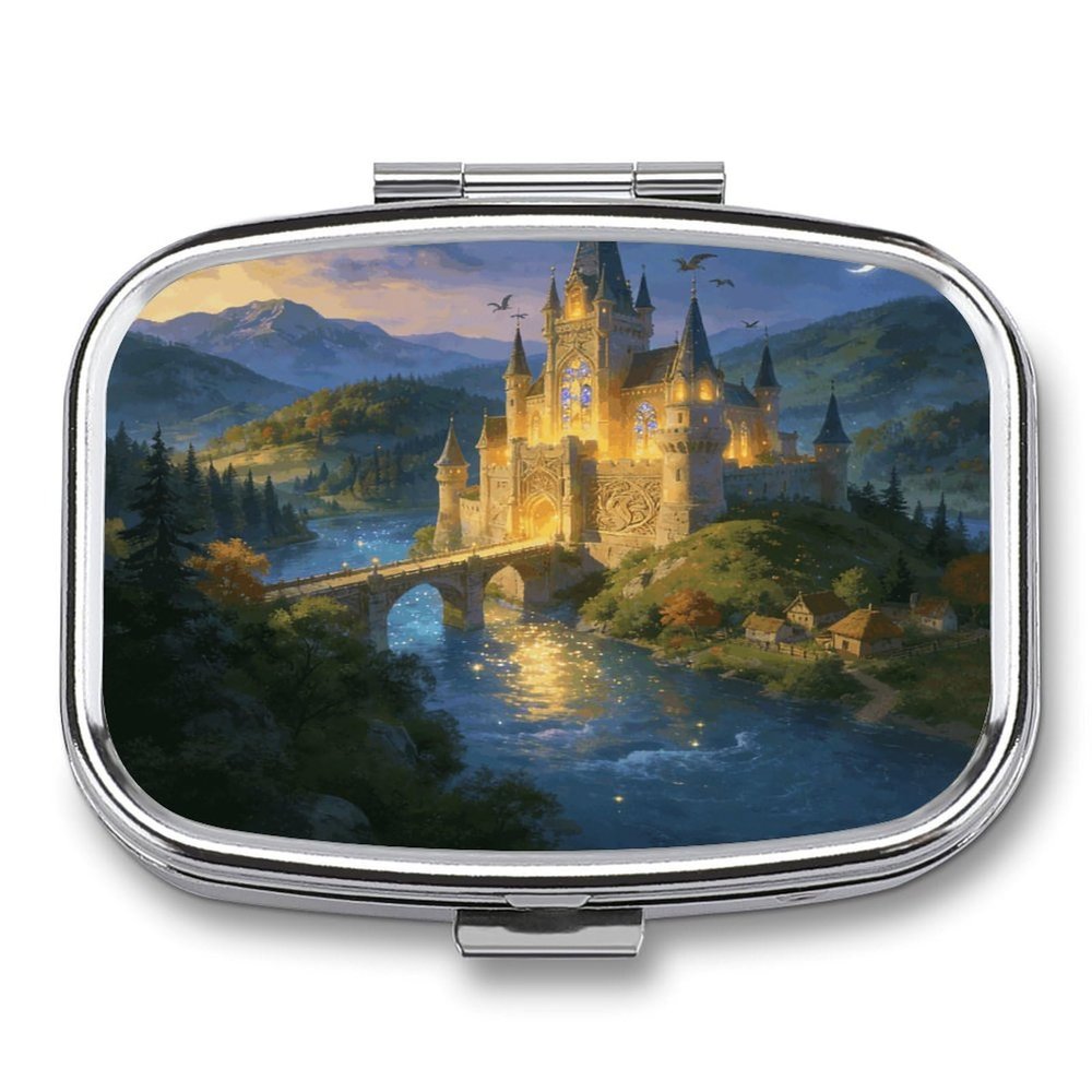 Fantasy Castle Pill Case Portable Medicine Organizer Travel Daily Pill Box Small Metal Medicine Box for Purse Pocket Pill Container Holder Two Compartments Medication Holder