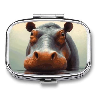Square Hippo Pill Box Small Pill Case with 2 Compartment Portable Metal Medicine Organizer Mini Travel Medicine Vitamin Supplement Container for Pocket Purse