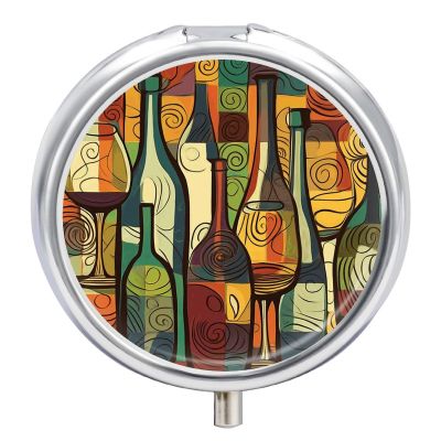 Wine Bottle Art Pill Organizer Portable Pill Box Round Pill Case Exquisite Waterproof Travel Medicine Organizer Fashion Metal Pill Container for Vitamins Medicine Box