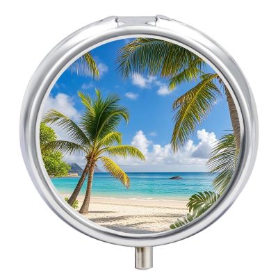Tropical Palm Tree Hawaii Beach Round Pill Box Cute Small Fish Oil Cases Portable 3 Compartment Pill Boxes Round Pill Case with Mirror for Vitamins Medication Supplements Gift