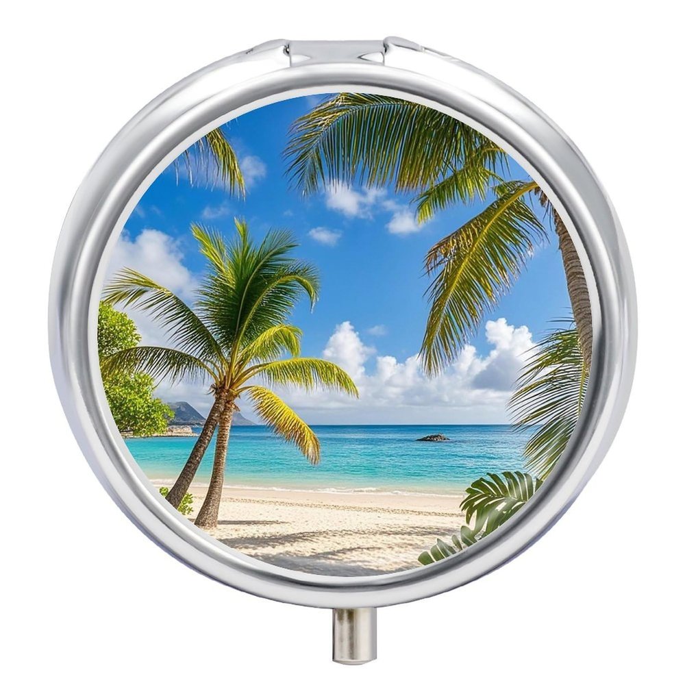 Tropical Palm Tree Hawaii Beach Round Pill Box Cute Small Fish Oil Cases Portable 3 Compartment Pill Boxes Round Pill Case with Mirror for Vitamins Medication Supplements Gift