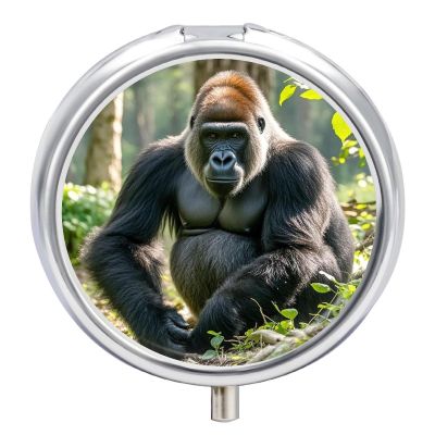 Gorilla on The Ground Round Pill Box Cute Small Fish Oil Cases Portable 3 Compartment Pill Boxes Round Pill Case with Mirror for Vitamins Medication Supplements Gift