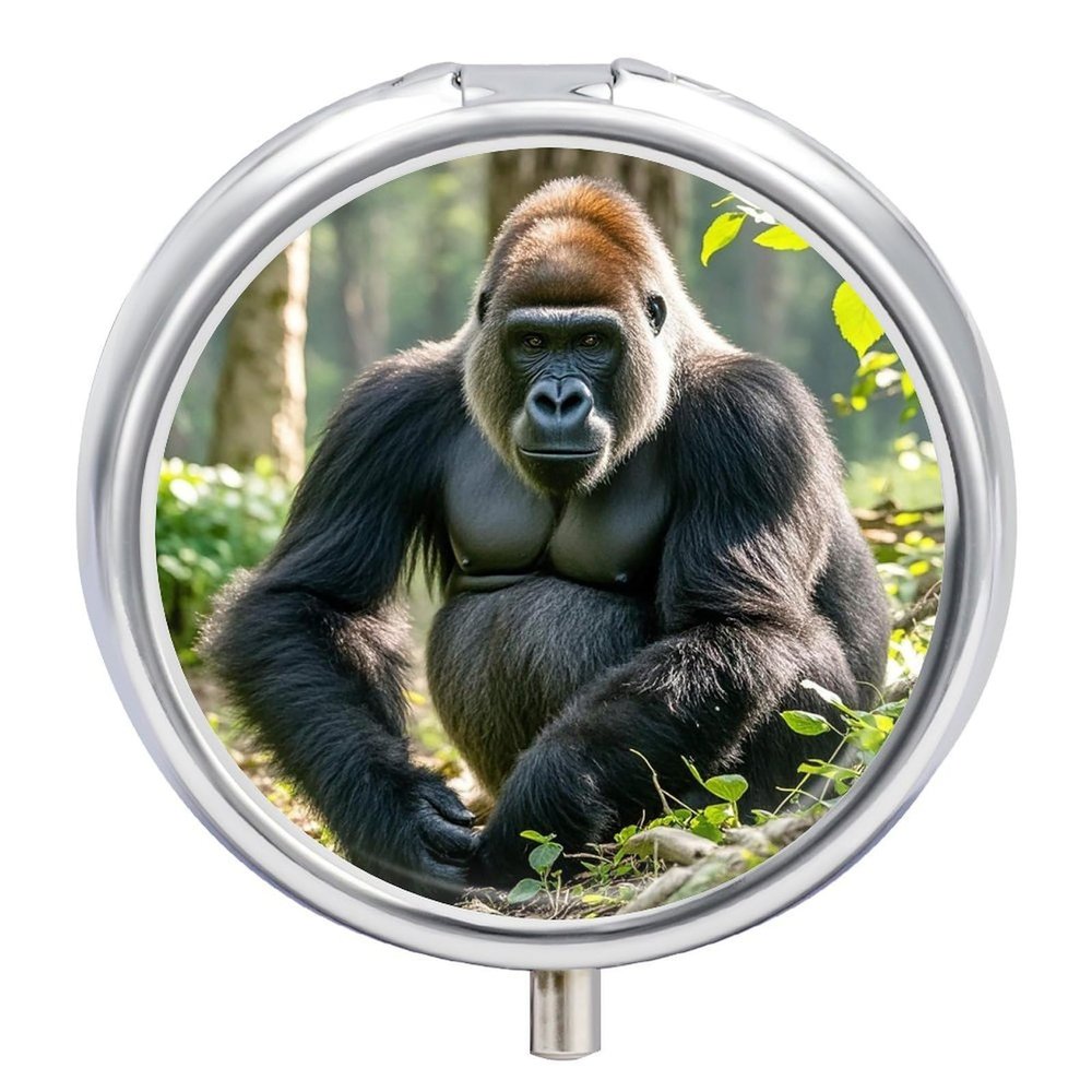 Gorilla on The Ground Round Pill Box Cute Small Fish Oil Cases Portable 3 Compartment Pill Boxes Round Pill Case with Mirror for Vitamins Medication Supplements Gift