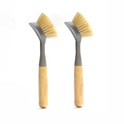 2 Pack Bamboo Handle Kitchen Dish Brushes with Built-in Scraper - Perfect for Pans, Pots, Counter & Sink Cleaning(Gray)