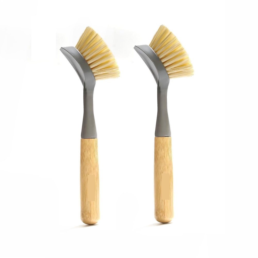 2 Pack Bamboo Handle Kitchen Dish Brushes with Built-in Scraper - Perfect for Pans, Pots, Counter & Sink Cleaning(Gray)