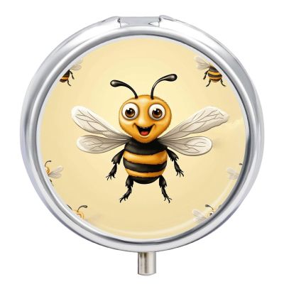 Honey Bee Round Pill Box Unique 3 Compartment Pill Case Portable Fish Oil Cases Cute Small Round Pill Boxes with Mirror for Vitamins Medication Supplements