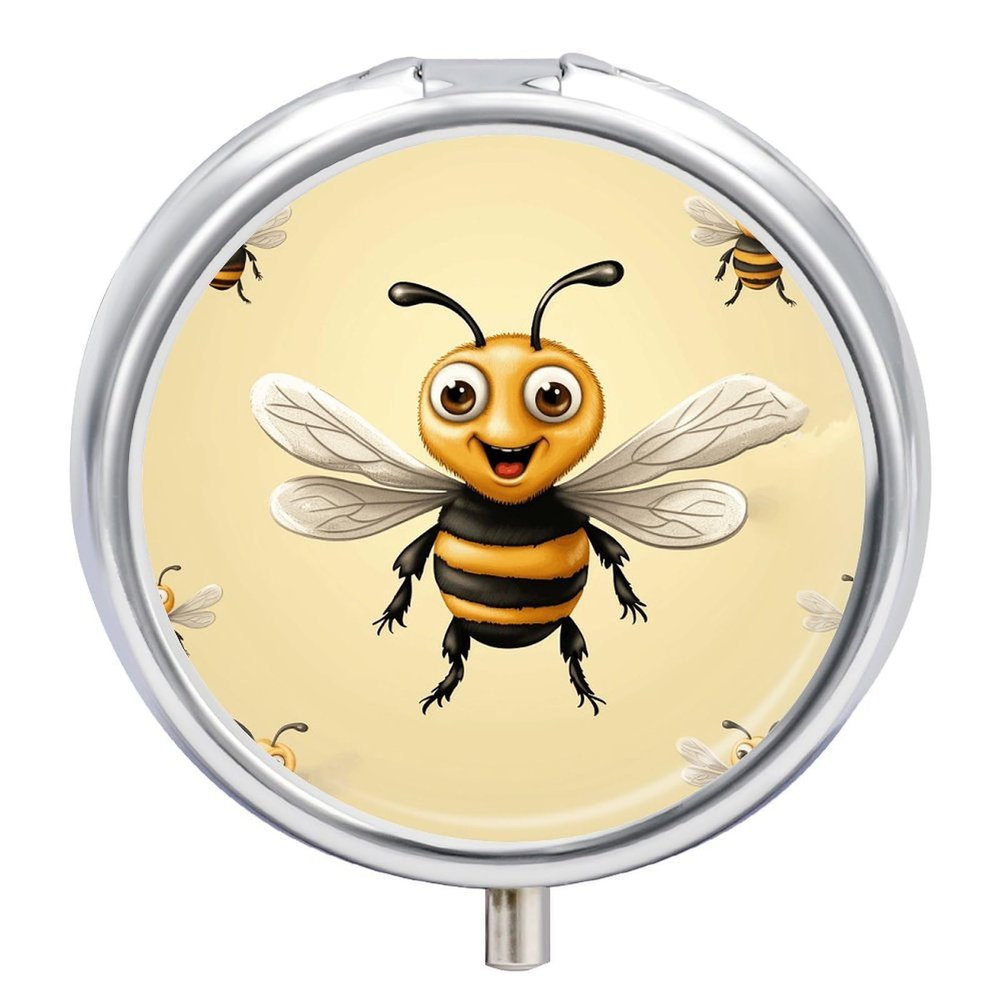 Honey Bee Round Pill Box Unique 3 Compartment Pill Case Portable Fish Oil Cases Cute Small Round Pill Boxes with Mirror for Vitamins Medication Supplements
