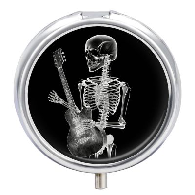 Abstract X Ray Skull Skeleton Playing Guitar Round Pill Box Unique 3 Compartment Pill Case Portable Fish Oil Cases Cute Small Round Pill Boxes with Mirror for Vitamins Medication Supplements