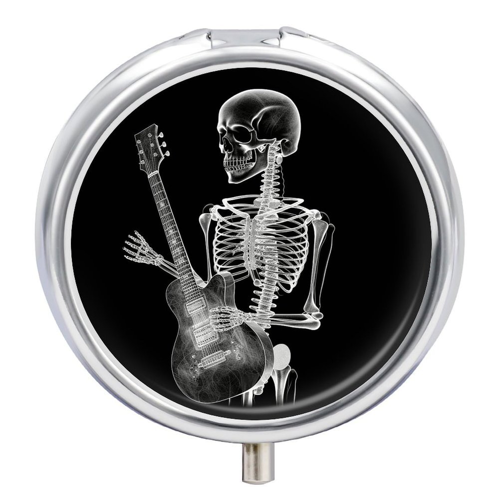 Abstract X Ray Skull Skeleton Playing Guitar Round Pill Box Unique 3 Compartment Pill Case Portable Fish Oil Cases Cute Small Round Pill Boxes with Mirror for Vitamins Medication Supplements