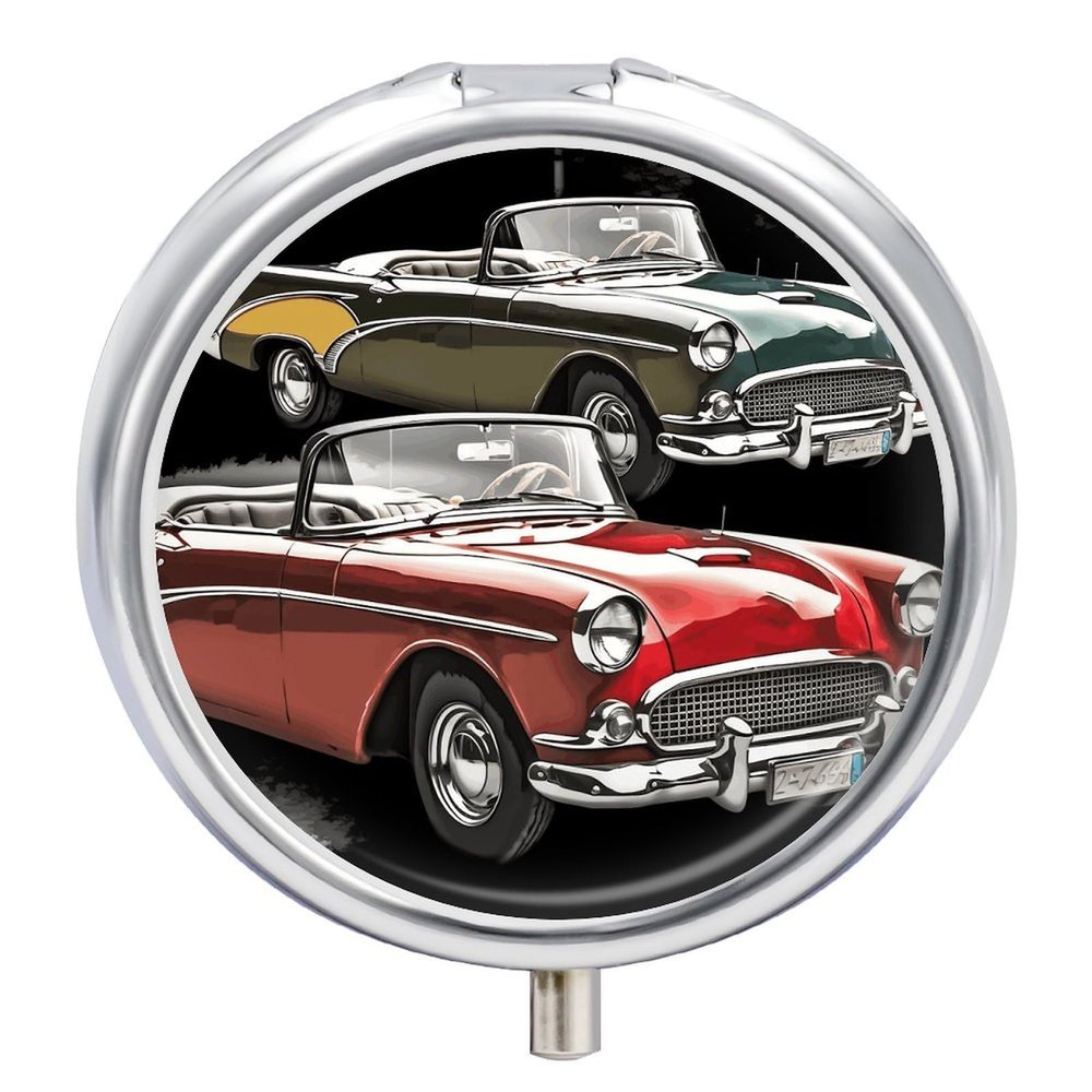 Classic Car Roadsters Old Fashioned Round Pill Box Unique 3 Compartment Pill Case Portable Fish Oil Cases Cute Small Round Pill Boxes with Mirror for Vitamins Medication Supplements