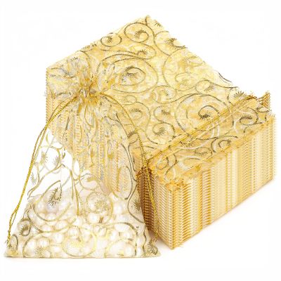 100PCS Gold Small Organza Gift Bags, 4x6 Inch Mesh Gift Bags with Drawstring, Gold Mesh Bag Drawstring Tulle Jewelry Pouches Rattan Printed Gifts Pouches for Wedding Party Favors Shower Birthday
