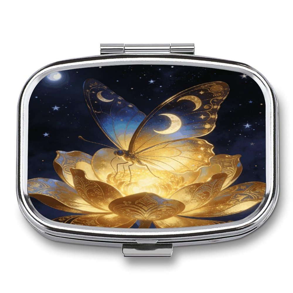 Golden Retro Fantasy Starry Moon Butterfly Pill Case Portable Medicine Organizer Travel Daily Pill Box Small Metal Medicine Box for Purse Pocket Pill Container Holder Two Compartments Medication Holde