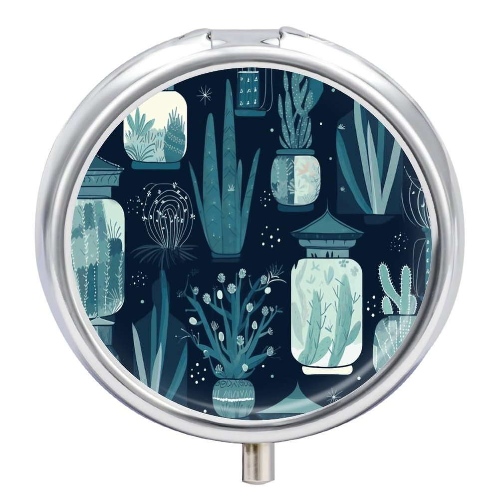 Succulent Plants and Cactus Round Pill Box Cute Small Fish Oil Cases Portable 3 Compartment Pill Boxes Round Pill Case with Mirror for Vitamins Medication Supplements Gift