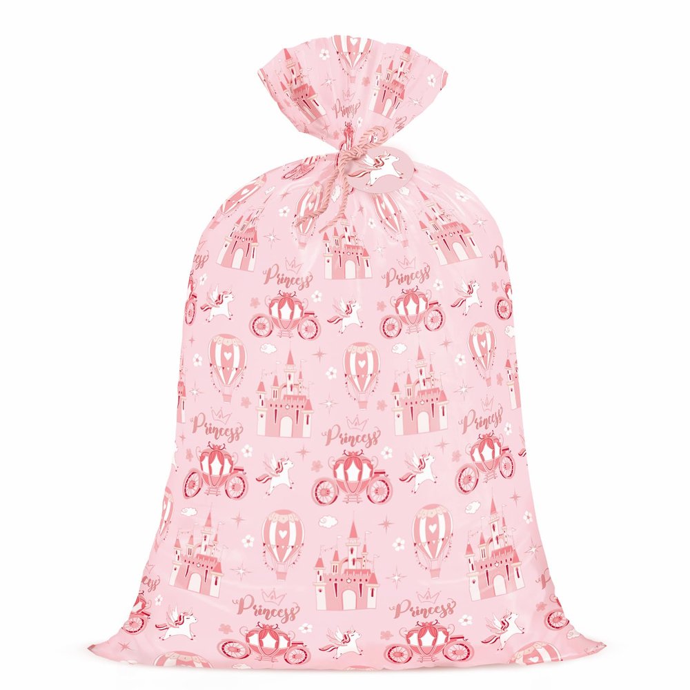 WRAPAHOLIC 56" Extra Large Princess Plastic Gift Bag - Princess Castle Design Pink Jumbo Bike Bag Gift Wrap for Kids Girls Birthday and Baby Girl Shower - 56" H x 36" W
