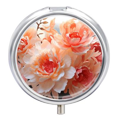 Peach Peony Round Pill Box Unique 3 Compartment Pill Case Portable Fish Oil Cases Cute Small Round Pill Boxes with Mirror for Vitamins Medication Supplements