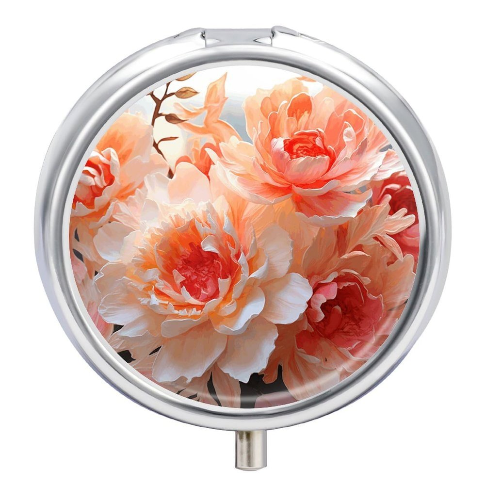 Peach Peony Round Pill Box Unique 3 Compartment Pill Case Portable Fish Oil Cases Cute Small Round Pill Boxes with Mirror for Vitamins Medication Supplements