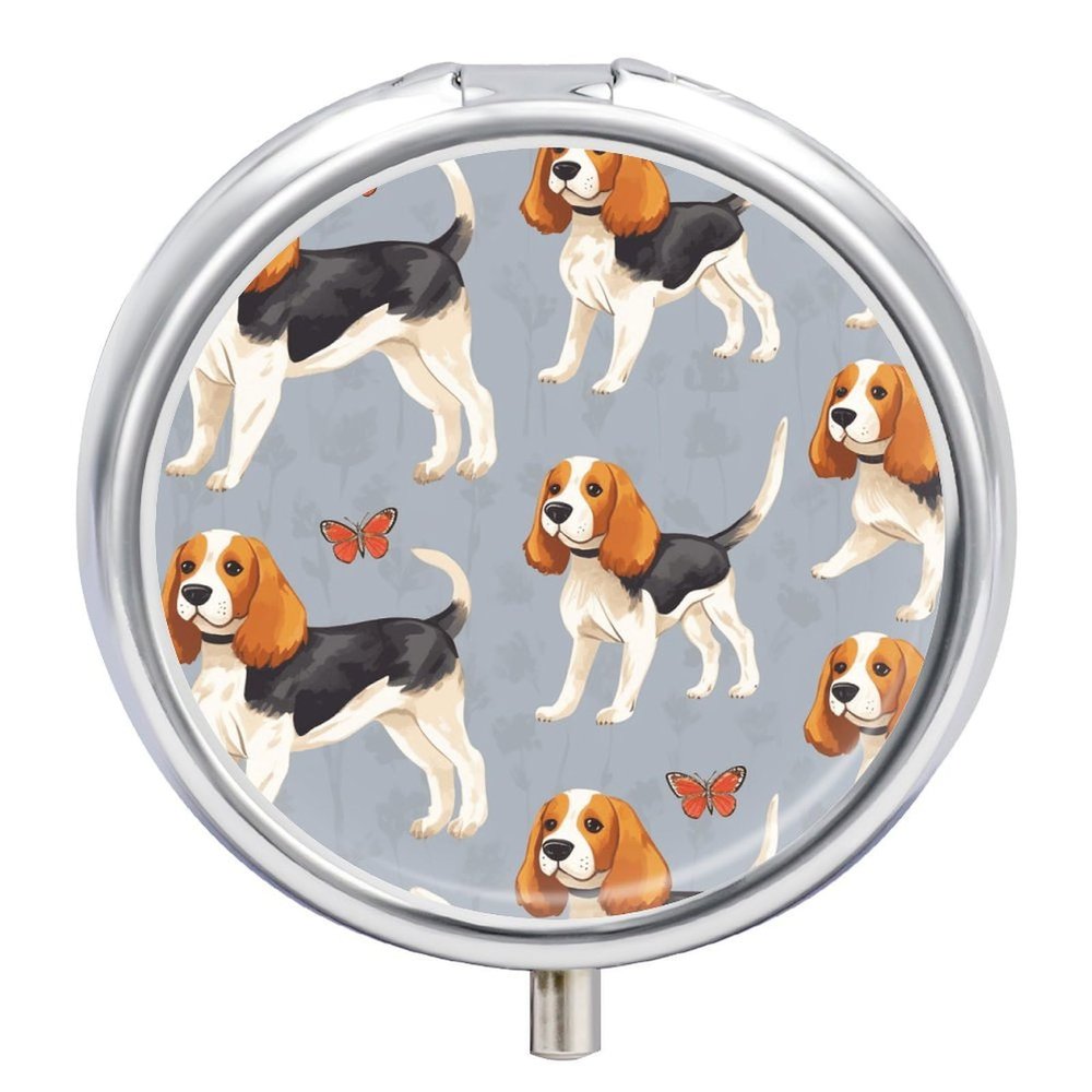 Beagle Patterns Round Pill Box Unique 3 Compartment Pill Case Portable Fish Oil Cases Cute Small Round Pill Boxes with Mirror for Vitamins Medication Supplements