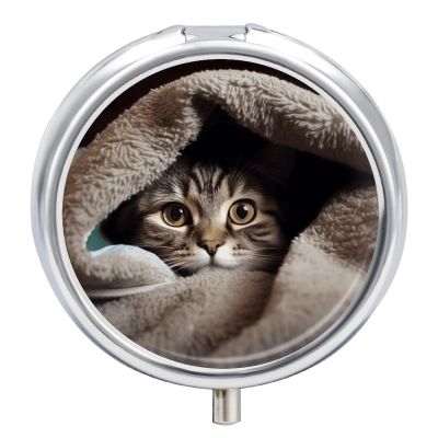 Cat Under Blanket Round Pill Box Unique 3 Compartment Pill Case Portable Fish Oil Cases Cute Small Round Pill Boxes with Mirror for Vitamins Medication Supplements