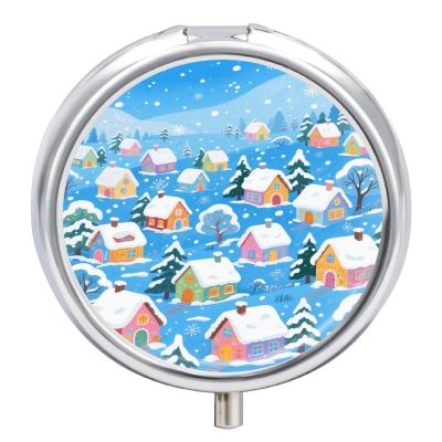 Winter Village Pill Box Round Small Pill Case Compact Travel Pills Container Daily Mini Pills Organizer Portable Mini Medicine Storage for Storing Vitamins Supplements