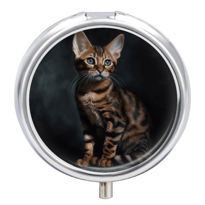 Bengal Cat Round Pill Box Unique 3 Compartment Pill Case Portable Fish Oil Cases Cute Small Round Pill Boxes with Mirror for Vitamins Medication Supplements