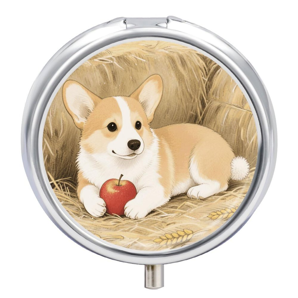 Puppy Dog Pill Box Round Small Pill Case Compact Travel Pills Container Daily Mini Pills Organizer Portable Mini Medicine Storage for Storing Vitamins Supplements