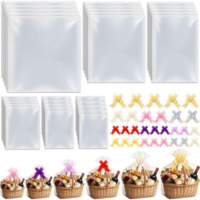 Qinzave 100PCS Cellophane Bags 6 Size Cellophane Bag for Gift Baskets with Pull Bows,3040 2430 1830 1624 1218 1014 Inch Clear Cellophane Gift Bag for Gift Giving, Wedding, Party Favor, Holiday