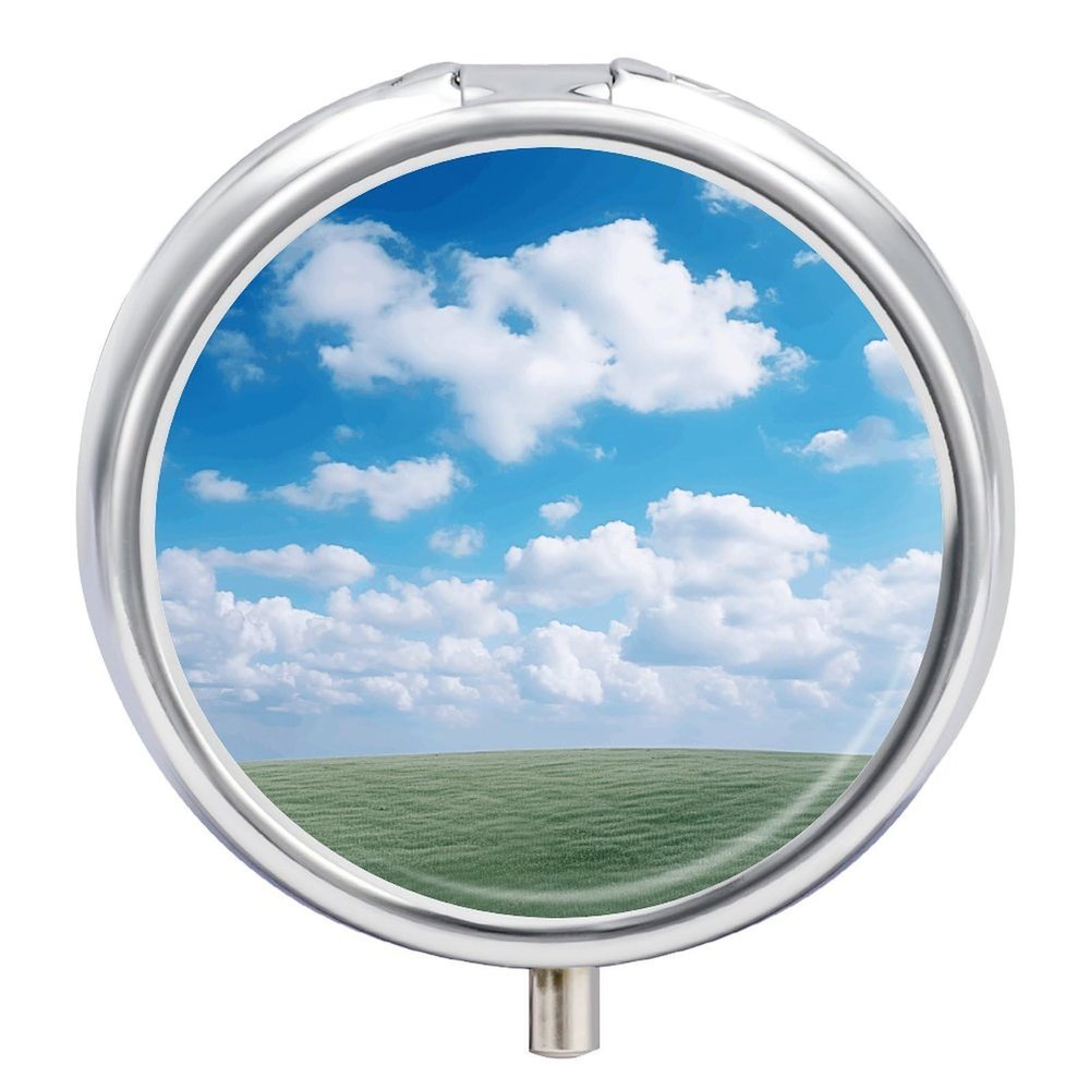 White Clouds Sky Round Pill Box Unique 3 Compartment Pill Case Portable Fish Oil Cases Cute Small Round Pill Boxes with Mirror for Vitamins Medication Supplements