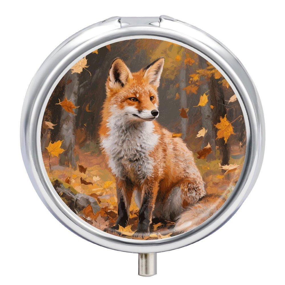 Sly Fox Pill Box Round Small Pill Case Compact Travel Pills Container Daily Mini Pills Organizer Portable Mini Medicine Storage for Storing Vitamins Supplements