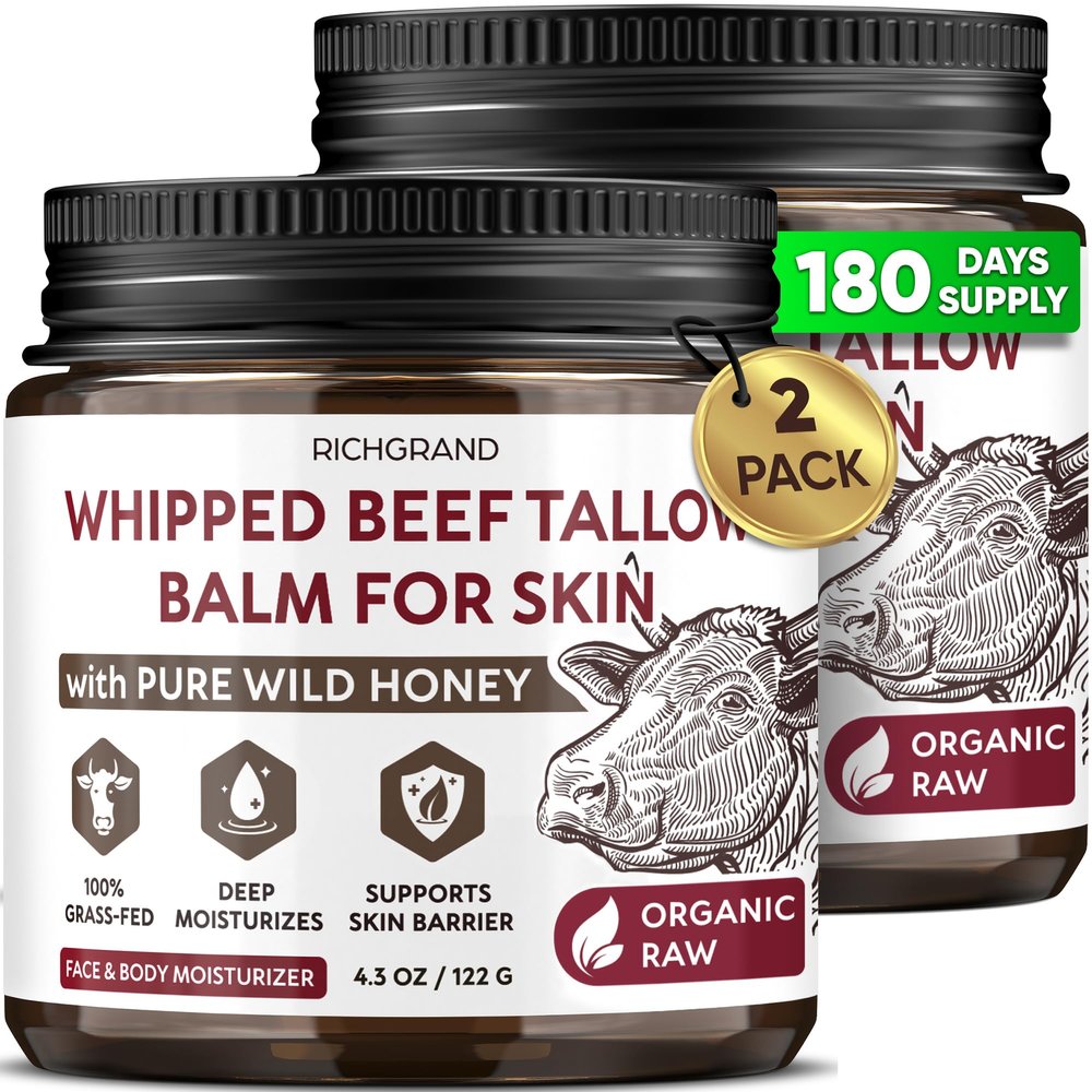 RICHGRAND Beef Tallow for Skin 2 Pack - Whipped Tallow and Honey Balm - Grass Fed Beef Tallow for Face, Daily Moisturizer & Body Butter - Natural Non Comedogenic Skincare (8.6 oz)