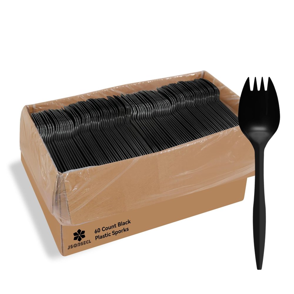 [60 Pack] Disposable Plastic Sporks-Party Dimensions Bulk Black Disposable Silverware Plastic Cutlery Spork (60, Sporks-Black)