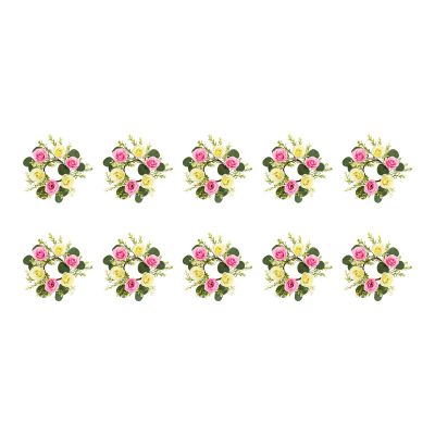 Candle Wreaths, 10pcs 8.27x3.15in Floral Candle Wreath Rings, Artificial Candle Floral Rings for Spring Banquet Table Centerpieces Home Wedding Party, Hanging Ring (Pink,Cream,Green)