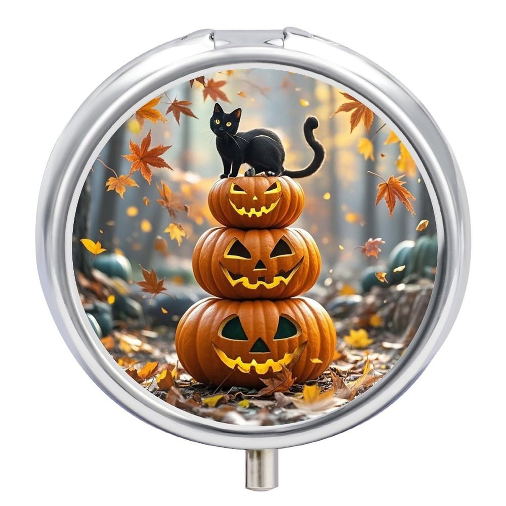 Pile Up Pumpkins Pill Box Round Small Pill Case Compact Travel Pills Container Daily Mini Pills Organizer Portable Mini Medicine Storage for Storing Vitamins Supplements