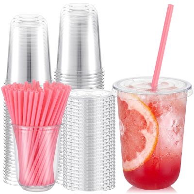 Ziliny 25 Sets Clear Plastic Cups with Heart Shaped Straws and Lids, Disposable Iced Coffee Cups Drinking PET for Cold Drinks, Valentine's Galentine's Day Bridal Baby Showers Party (16 oz,Transparent)