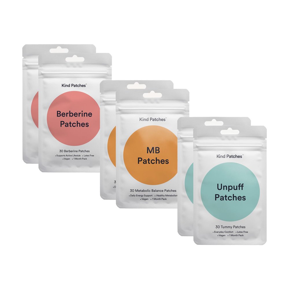 Kind Patches 6 Pack Plant Based Bundle - 2 Packs Each of MB, Berberine and Unpuff Skin Patches for Women and Men - Vegan - 6 pk