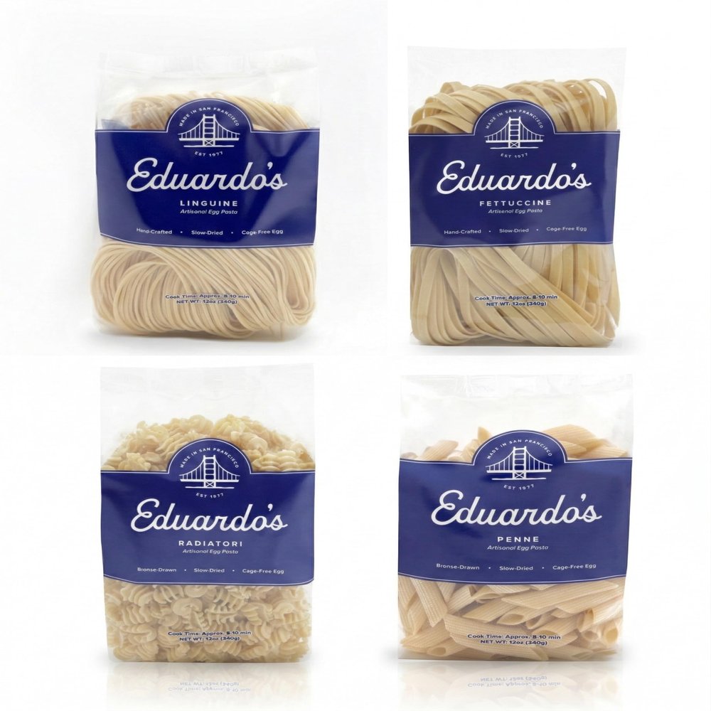 Eduardo's San Francisco Collection, Artisan Egg Pasta Variety Bundle, Hand-Laminated & Bronze-Drawn, Ambient Temperature Slow Dried Since 1977, 12oz x 4 Shapes