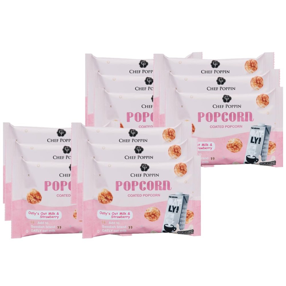 CHEF POPPIN Asian Taiwanese Style Gourmet Flavored Popcorn, Non-GMO, Air Popped, Multipack 20g (Oatly's Oatmilk & Strawberry, 12-Pack)