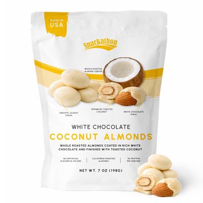 Snackathon Coconut White Chocolate Covered Almonds, 7 oz Resealable Bag, Whole Roasted Almonds Coated in Creamy White Chocolate and Toasted Coconut, Crunchy Tropical Nut Snack, Made in USA