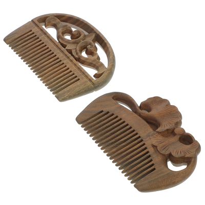 Anneome Green Sandalwood Hair Caring Comb Set 2pcs (2-inch 4-inch) Anti-Static Scalp Massage Wood Combs for Meridian Head Massage and Relaxation