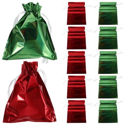 SEWOART 12pcs Foil Christmas Drawstring Bags Glitter Holiday Candy Pouches with Ribbon Ties for Party Favor Wrapping and Packaging