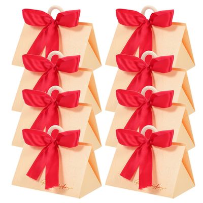 Ipetboom 10 Sets Portable Candy Boxes with Handle Small Ivory Paper Boxes Triangular Wedding Favor Holders with Burgundy Ribbon for Bridal Shower Party