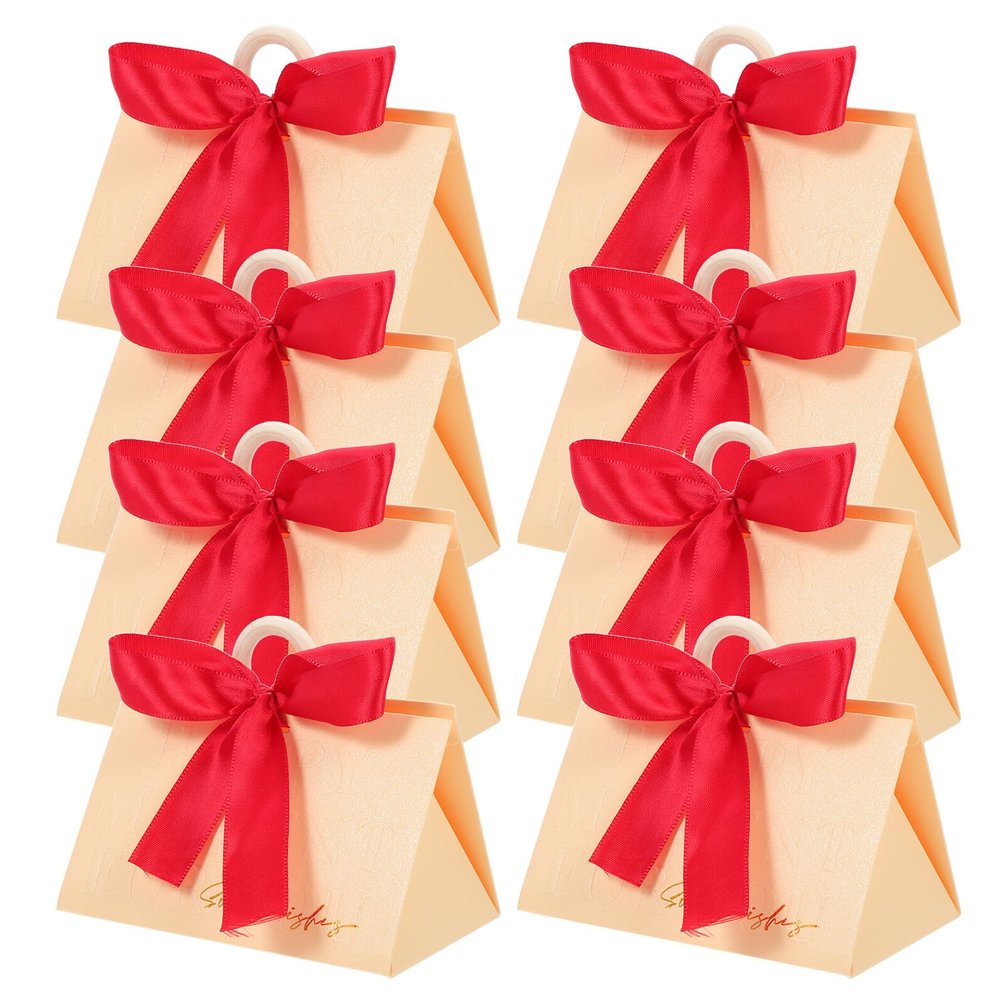 Ipetboom 10 Sets Portable Candy Boxes with Handle Small Ivory Paper Boxes Triangular Wedding Favor Holders with Burgundy Ribbon for Bridal Shower Party