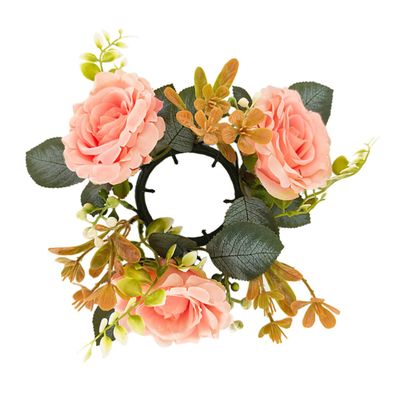 BIUDECO Artificial Floral Candle Wreath Tabletop Centerpiece Light Pink Wedding Flower Candle Rings Decorative Home Decor Accent