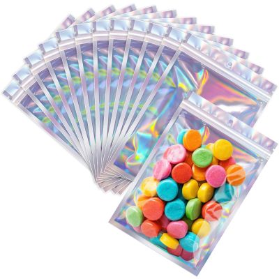 100 Pcs Holographic Mylar Bags, Sealable Odor Proof Foil Pouch Bag with Clear Window, Small Bussiness Packaging Supplies (4.7 x 7 Inch)