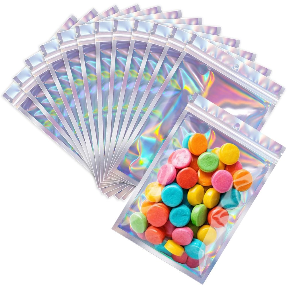 100 Pcs Holographic Mylar Bags, Sealable Odor Proof Foil Pouch Bag with Clear Window, Small Bussiness Packaging Supplies (4.7 x 7 Inch)