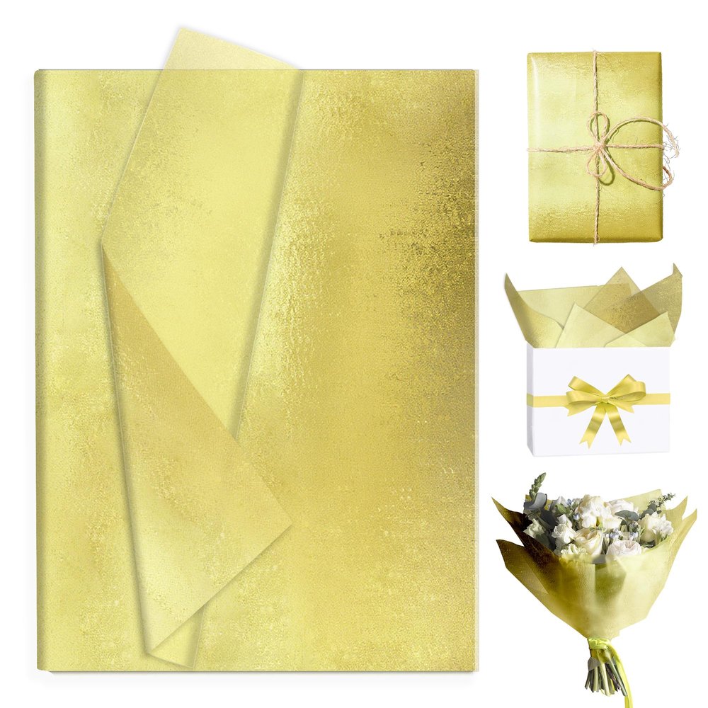 100 Sheets Gold Tissue Papers Bulk, 14 x 20 Inch Metallic Golden Gift Wrapping Paper Flowers Bouquet Packaging Paper for Birthday Wedding Graduation DIY Crafts Holiday Decorations