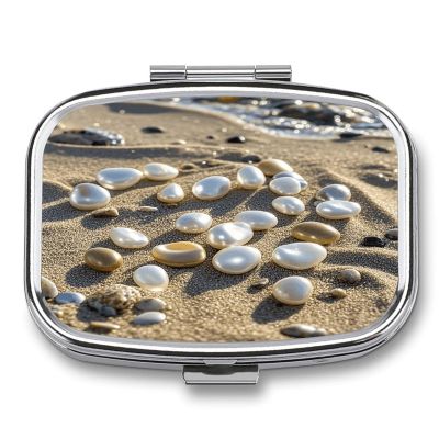 Ocean Beach Mussel Pearl Pill Organizer Metal Pill Case with 2 Compartments Small Pill Box Medication Holder Travel Pill Container Square Medicine Organizer Portable Medicine Box