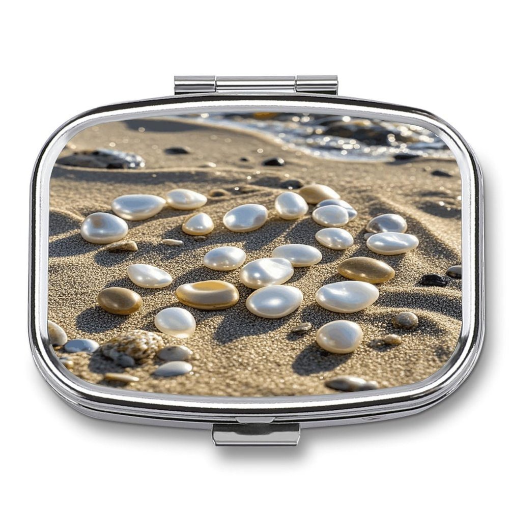 Ocean Beach Mussel Pearl Pill Organizer Metal Pill Case with 2 Compartments Small Pill Box Medication Holder Travel Pill Container Square Medicine Organizer Portable Medicine Box