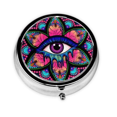 Psychedelic Third Eye Bohemian Spiritual Hippie Design Compact Round Metal Organizer Case, 3-Compartment Portable Pill Holder for Travel