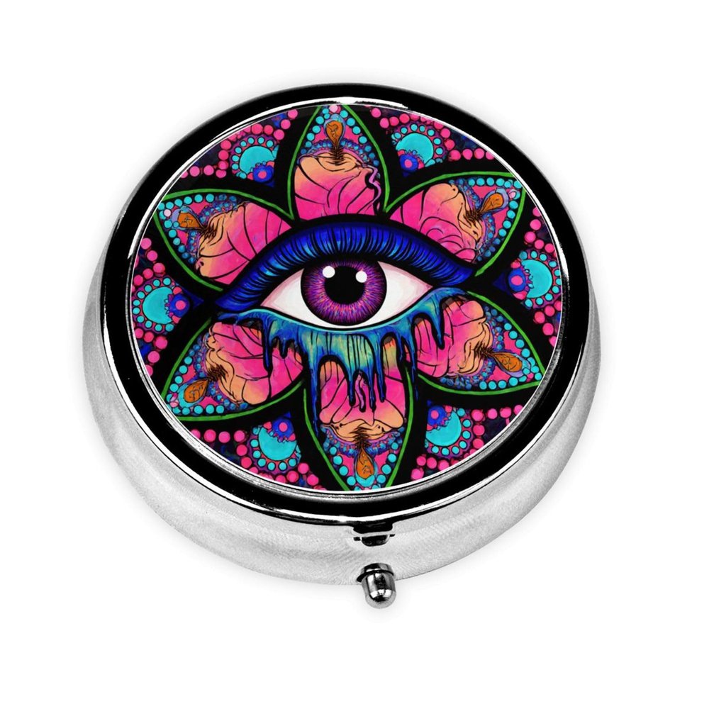 Psychedelic Third Eye Bohemian Spiritual Hippie Design Compact Round Metal Organizer Case, 3-Compartment Portable Pill Holder for Travel