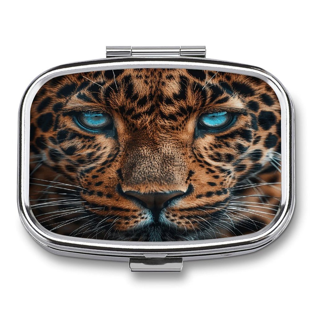 Leopard Face Pill Organizer Metal Pill Case with 2 Compartments Small Pill Box Medication Holder Travel Pill Container Square Medicine Organizer Portable Medicine Box